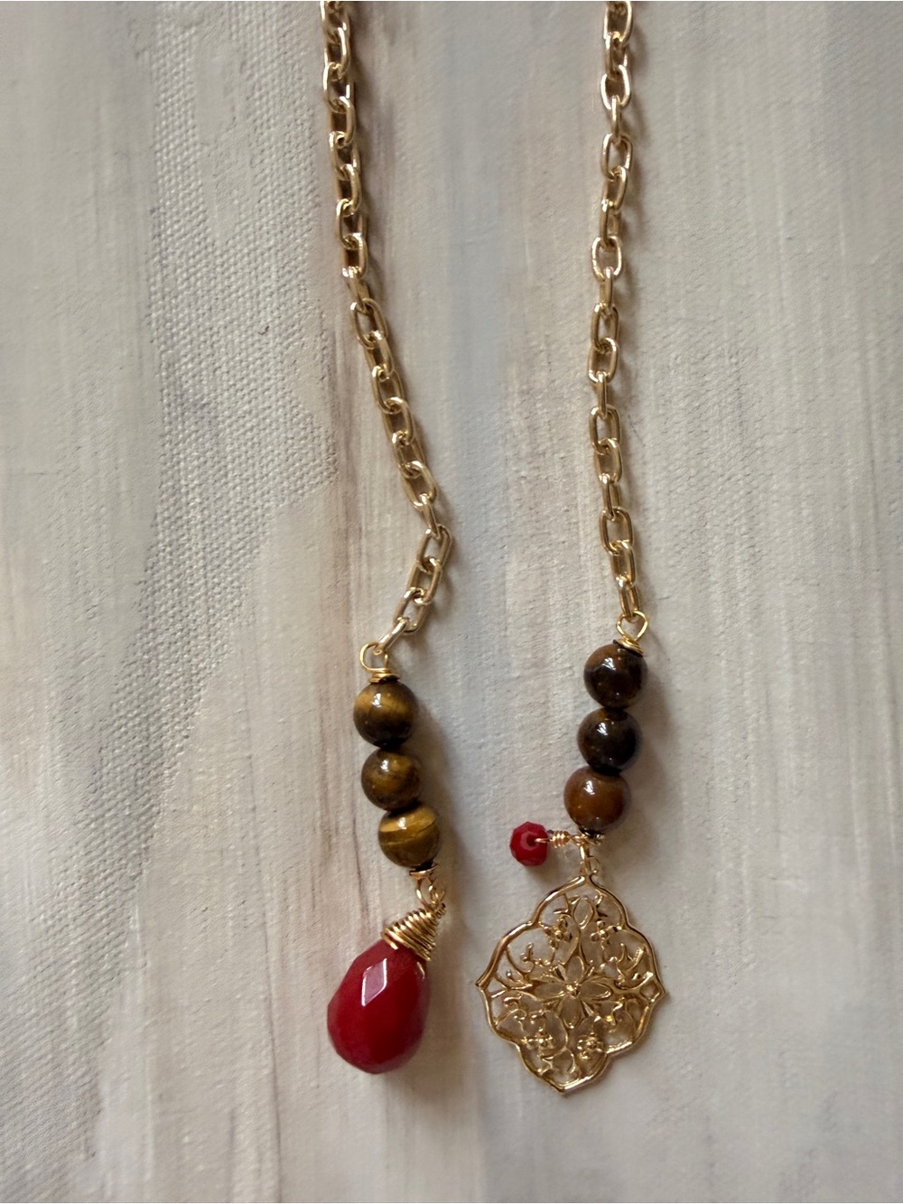 Gold Plated Convertible Necklace with Red Teardrop and Tiger-Eye Bead Accents